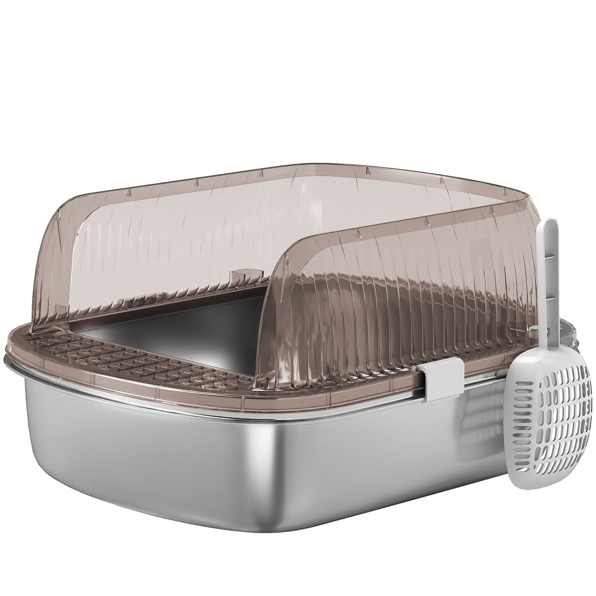 Kattlåda i rostfritt stål med hög kant och spade – Kolgrå/Silver