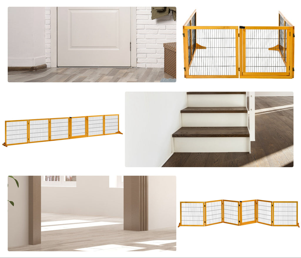 PawHut Justerbart Hundstaket i Massiv Furu – 6 Paneler – Gul – 432 cm