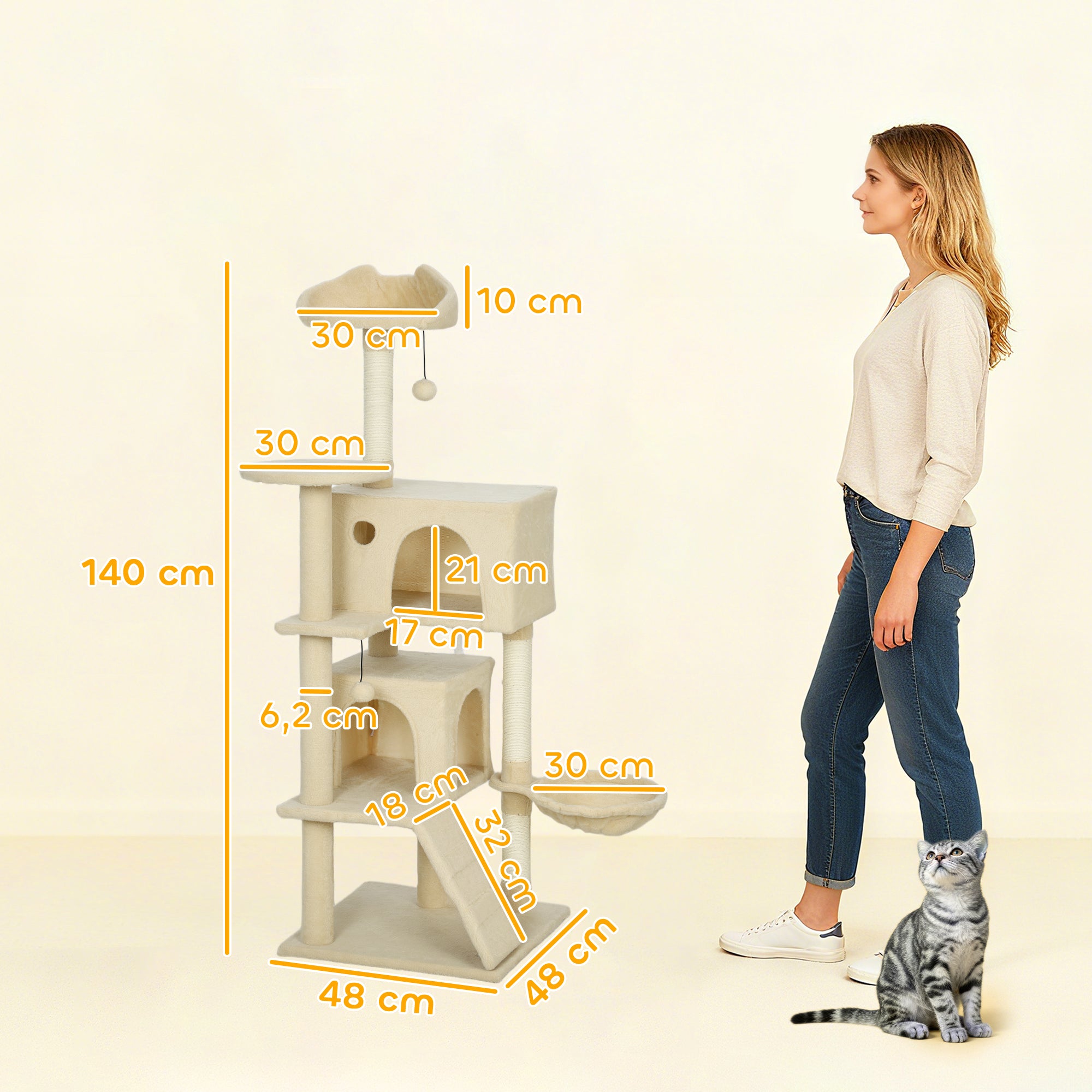 Klösträd med hängmatta, stege och dubbla kojor, 140 cm högt – Beige/Cremévit