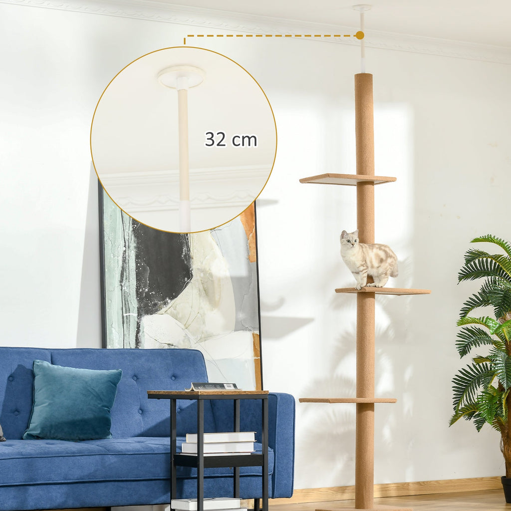 Takhögt klösträd med 4 plattformar – Ljusbrun, 228–260 cm