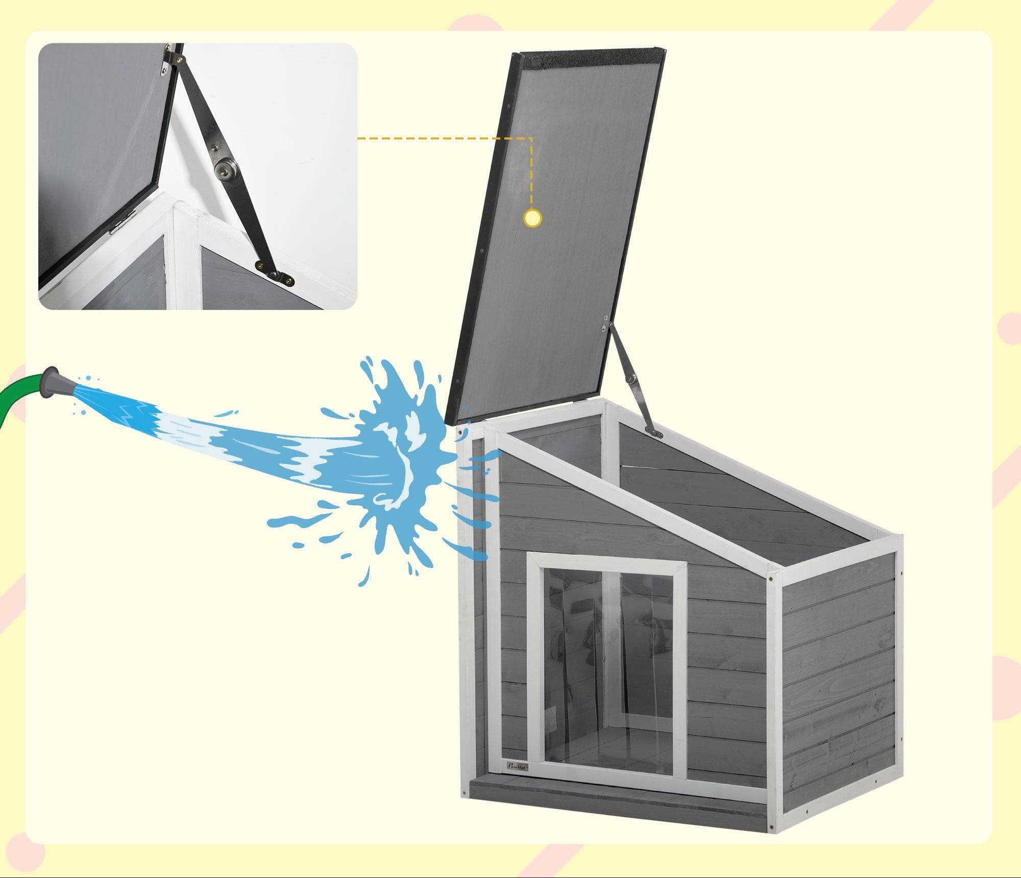 Väderbeständig Hundkoja i Massivt Trä med Öppningsbart Tak – Grå/Vit