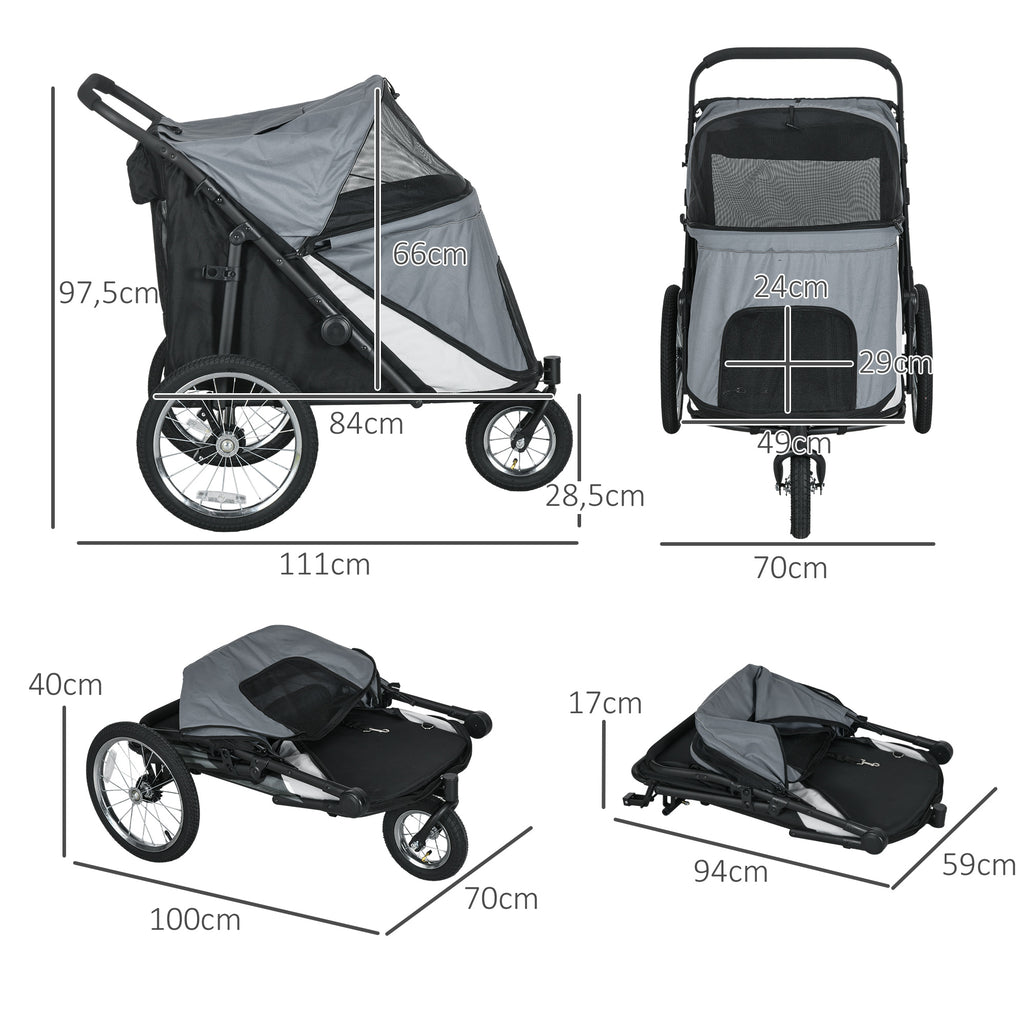 Rymlig Hundvagn och Buggy, Hopfällbar med Gummidäck, Grå/Svart, upp till 30 kg