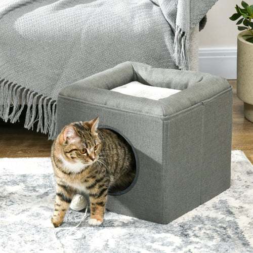 Kompakt grön 2-i-1 kattgrotta och utsiktsplats på 33 cm med en extra mjuk och tvättbar plyschkudde för lyxig komfort.