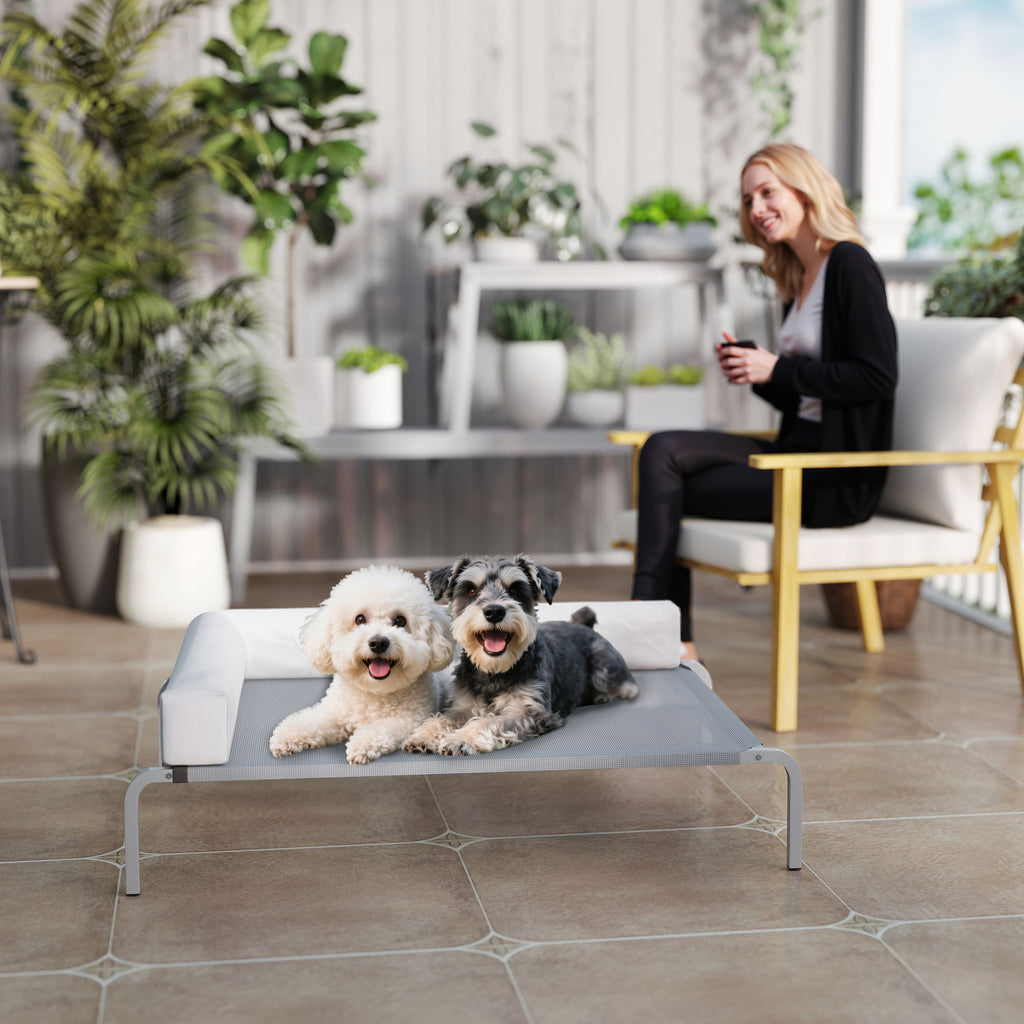 Upphöjd Hundsäng för Utomhusbruk med L-formad Kudde (Ljusgrå, 110x75 cm)