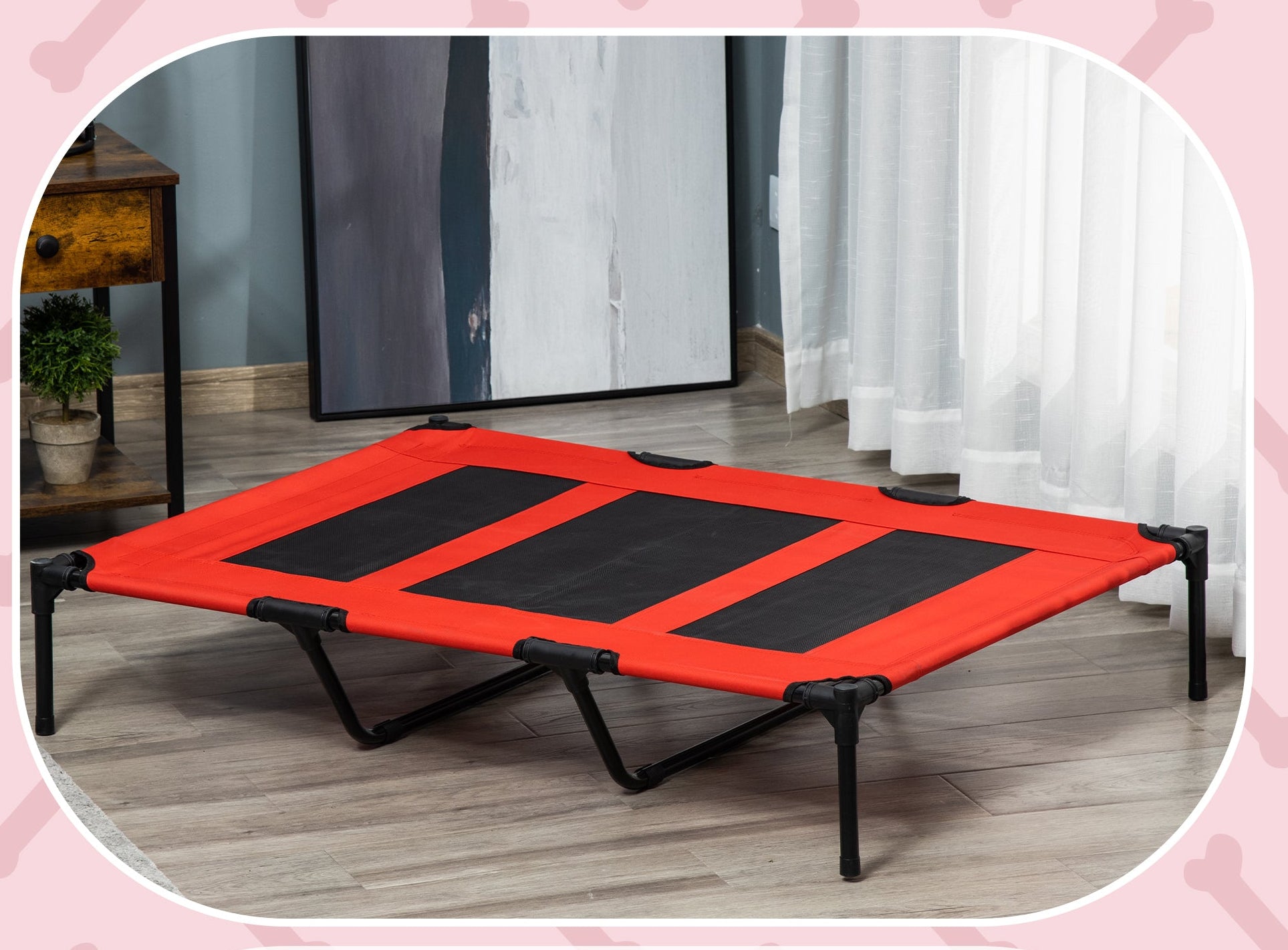 PawHut XXL Upphöjd Hundbädd med Transportväska – Röd/Svart – 122 x 92 cm