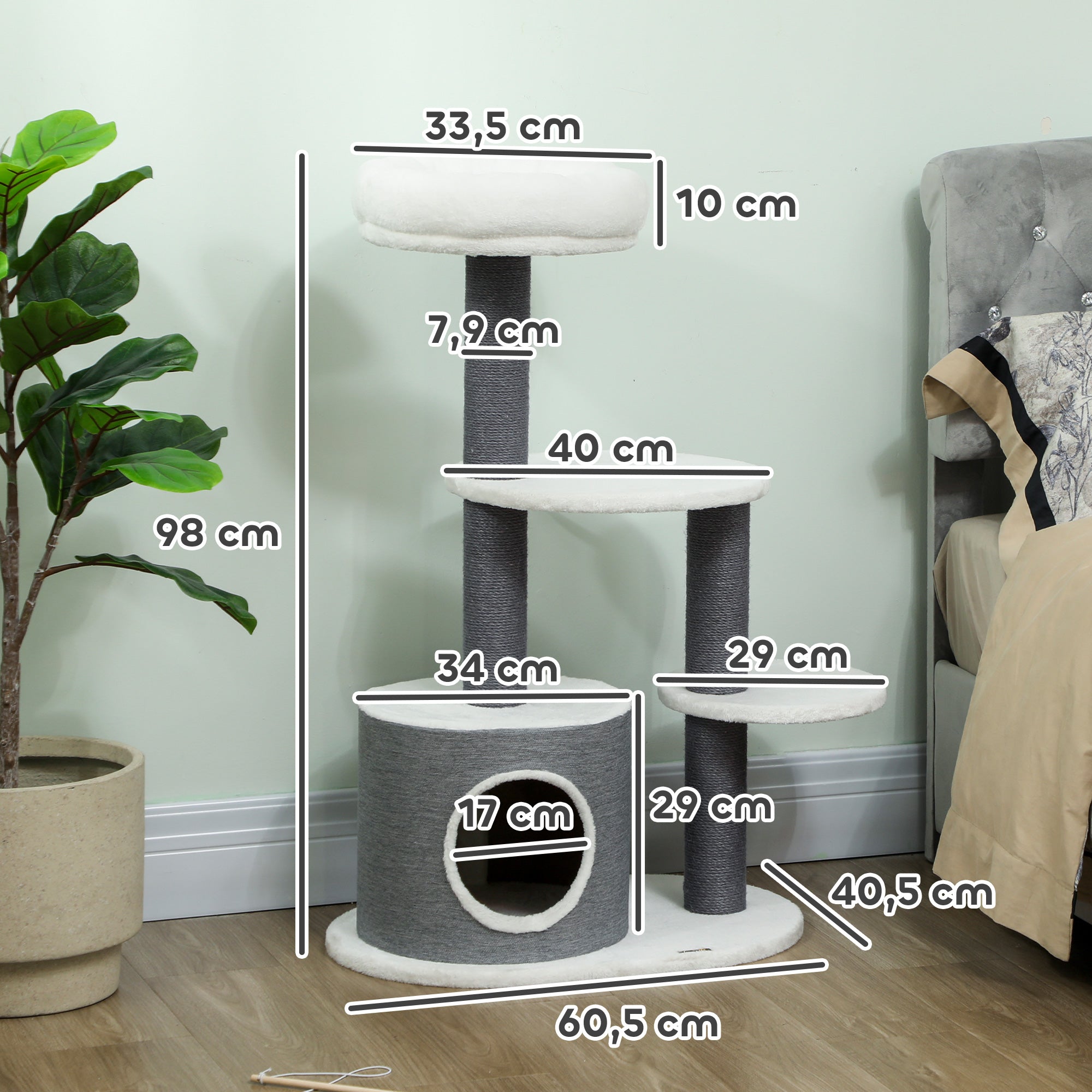Klösträd med koja, kattbädd och plattformar, 98 cm högt – Vit/Grå