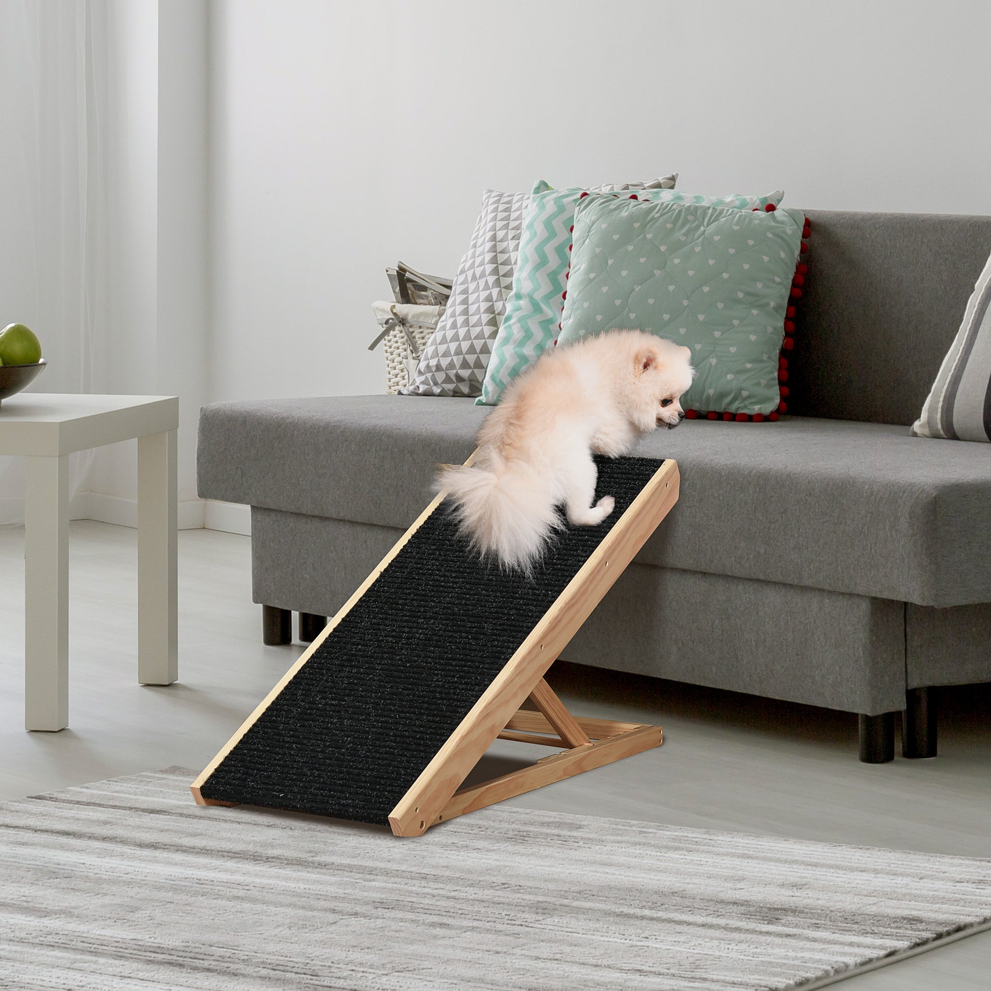 PawHut Justerbar Hundramp i Furu med Halkfri Matta – Natur/Svart – 90 cm