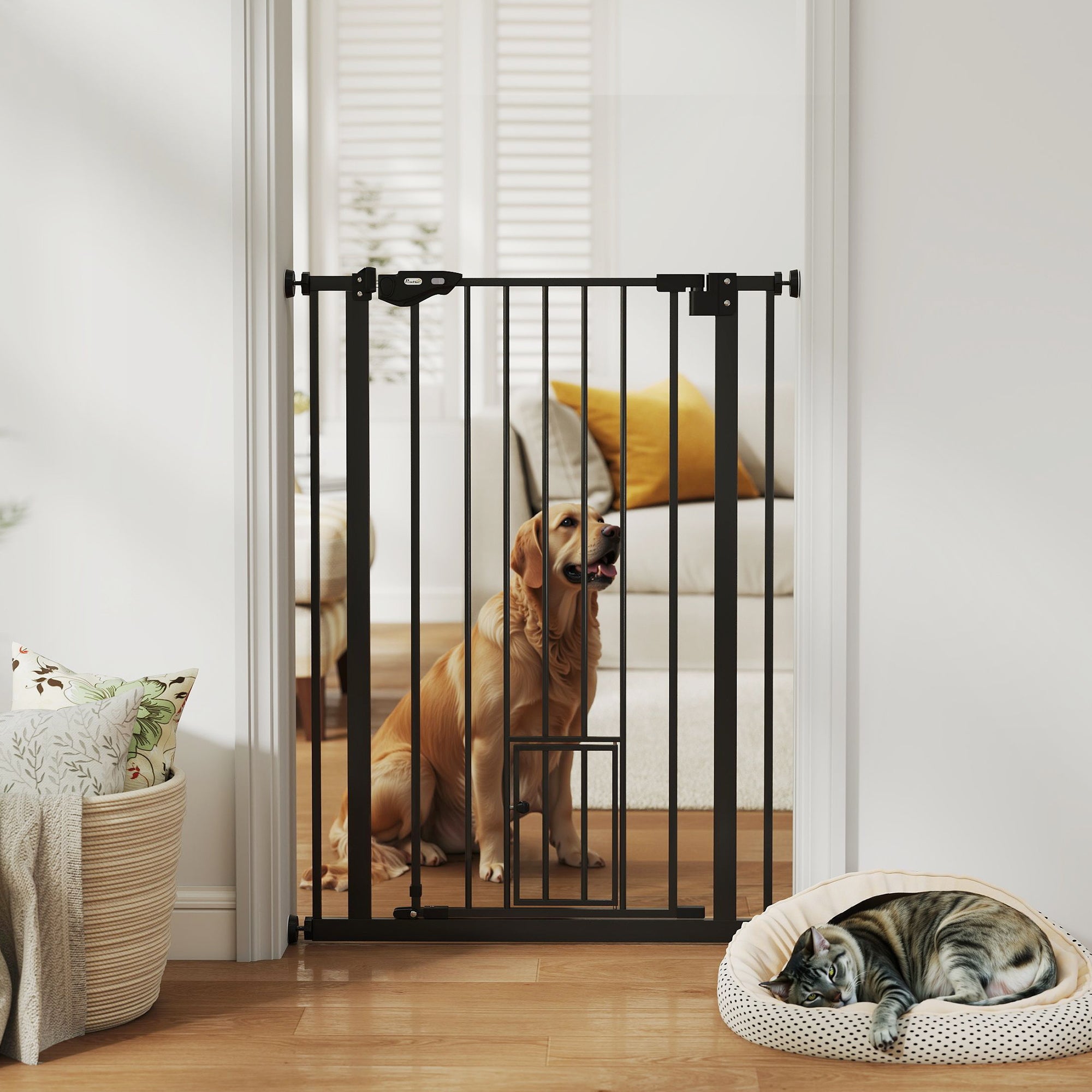 PawHut Extra Hög Säkerhetsgrind med Kattlucka – Svart – 74–80 cm
