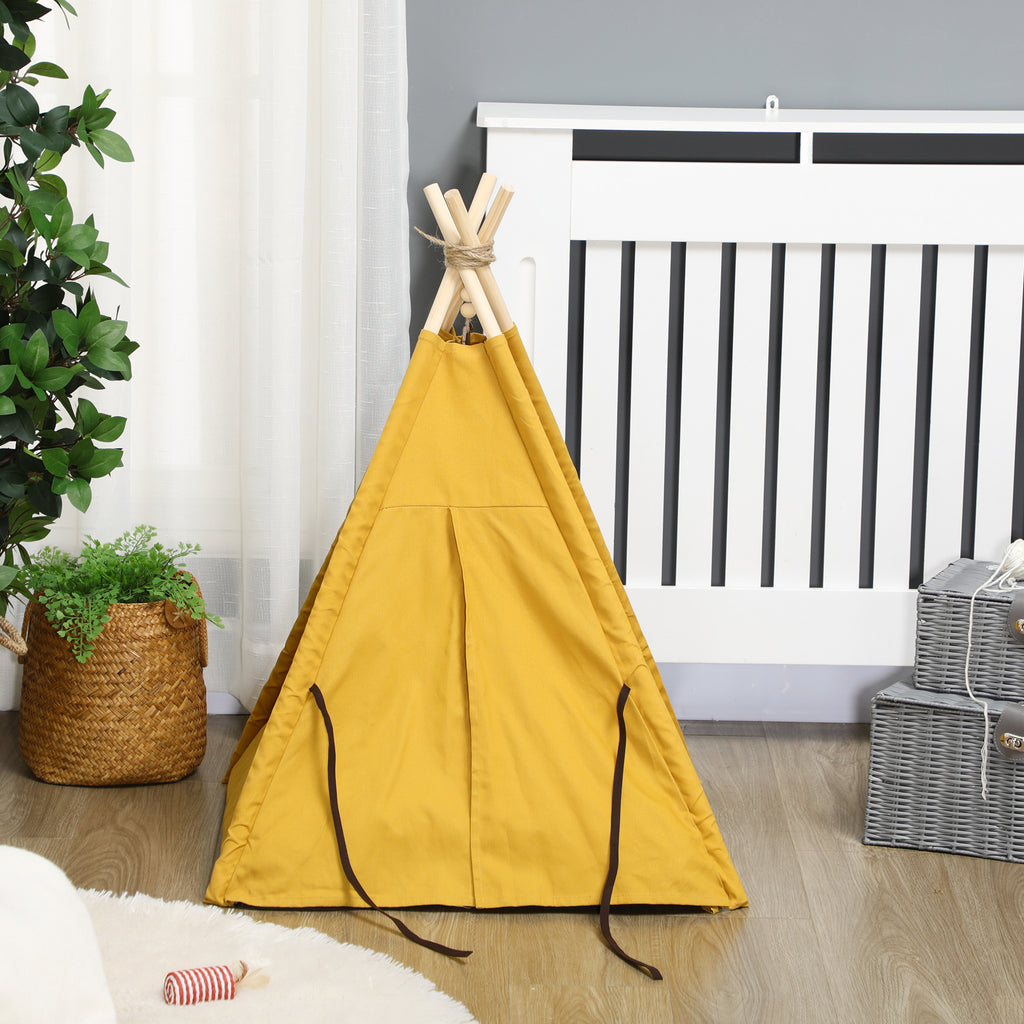 Tipi-tält för hund och katt med mjuk dyna – Gul/Svart/Vit, 76 cm
