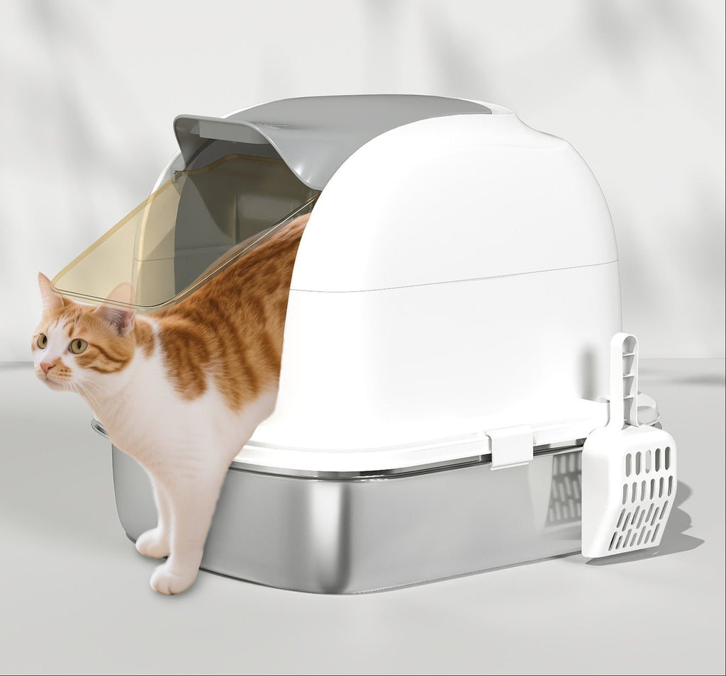 Kattlåda i rostfritt stål med lock, 52,4 x 41,3 x 42 cm – Vit/Silver