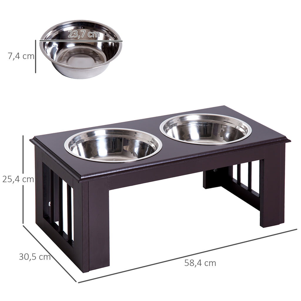 PawHut Upphöjd Matbar med 2 Rostfria Skålar – Espresso – 58 cm