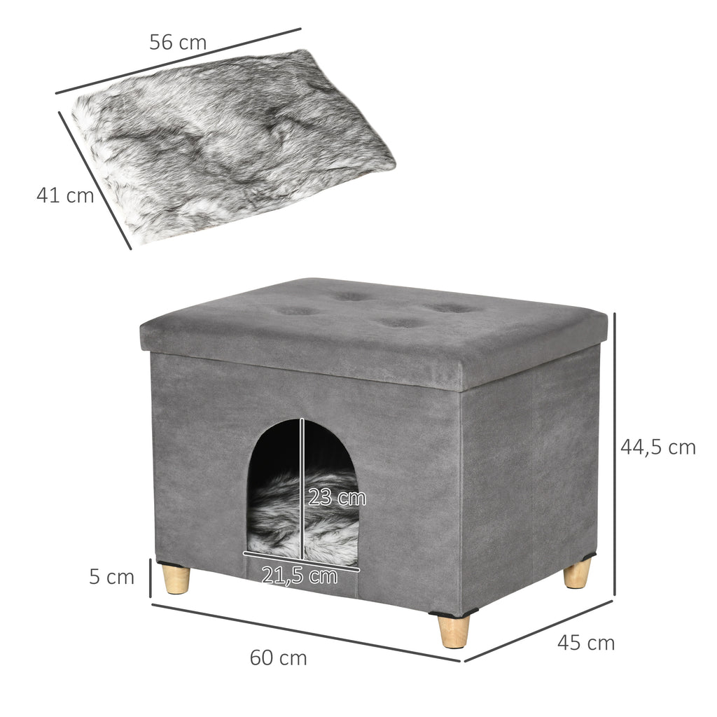 2-i-1 Kattgrotta och fotpall med mjuk dyna – Grå, 60 cm