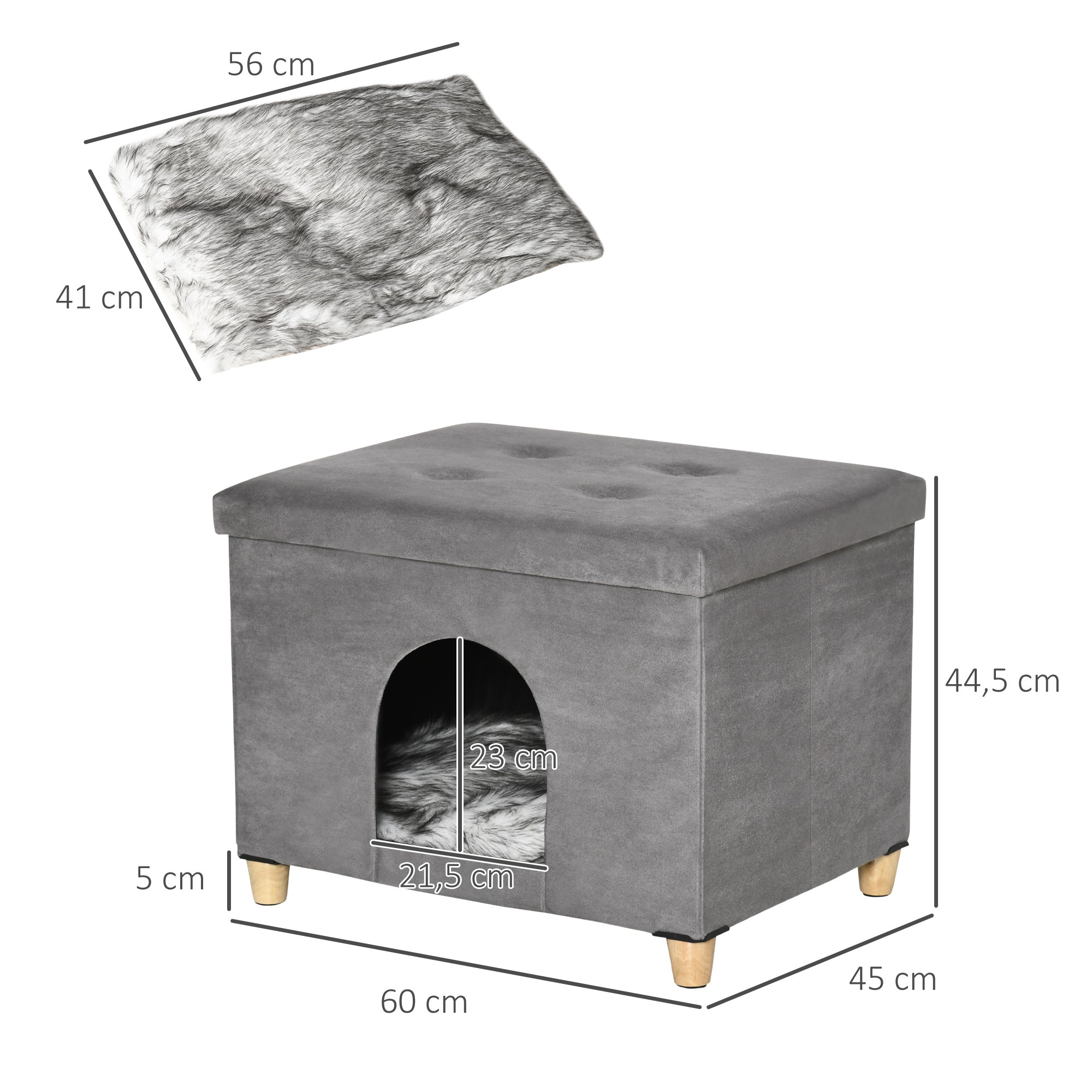 2-i-1 Kattgrotta och fotpall med mjuk dyna – Grå, 60 cm