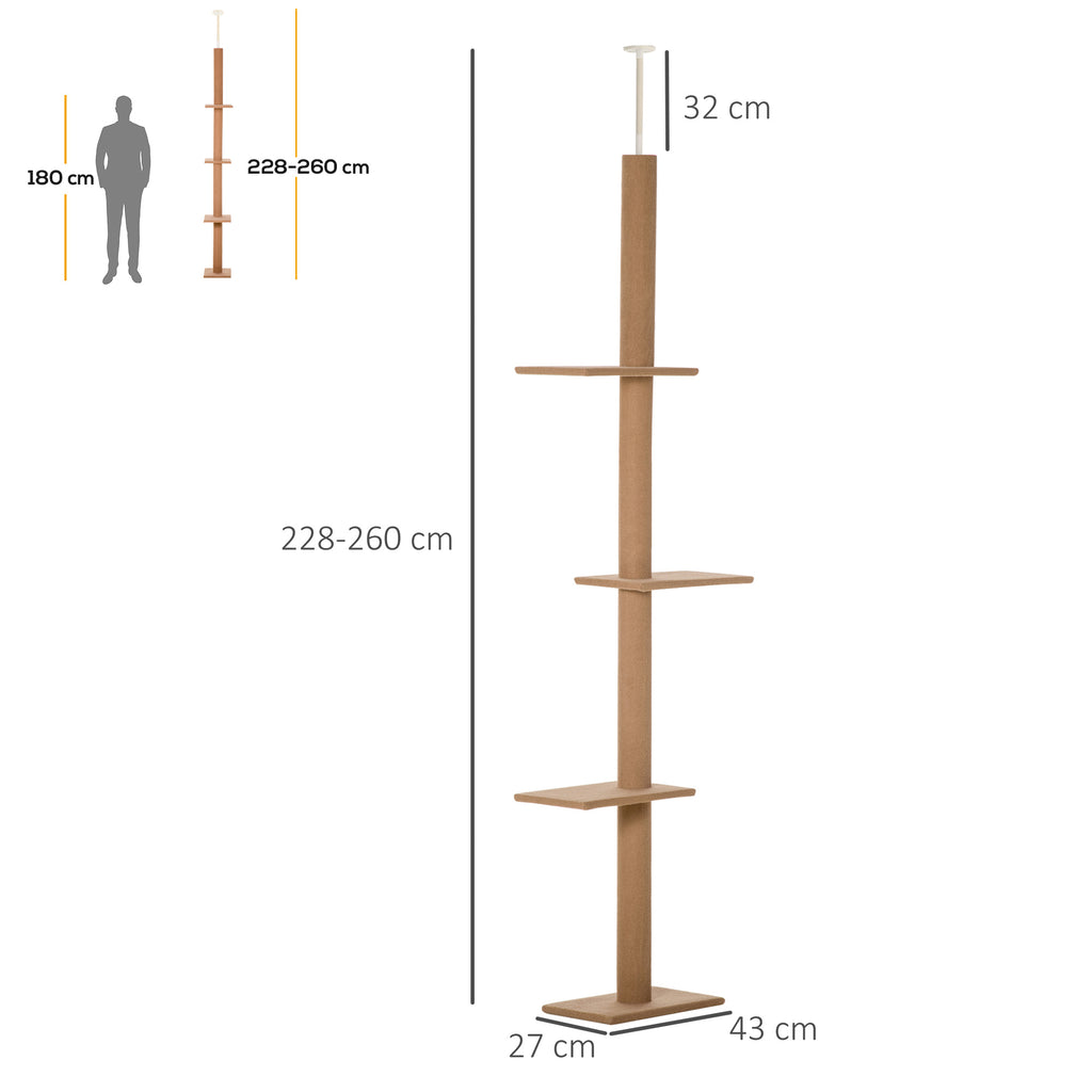 Takhögt klösträd med 4 plattformar – Ljusbrun, 228–260 cm