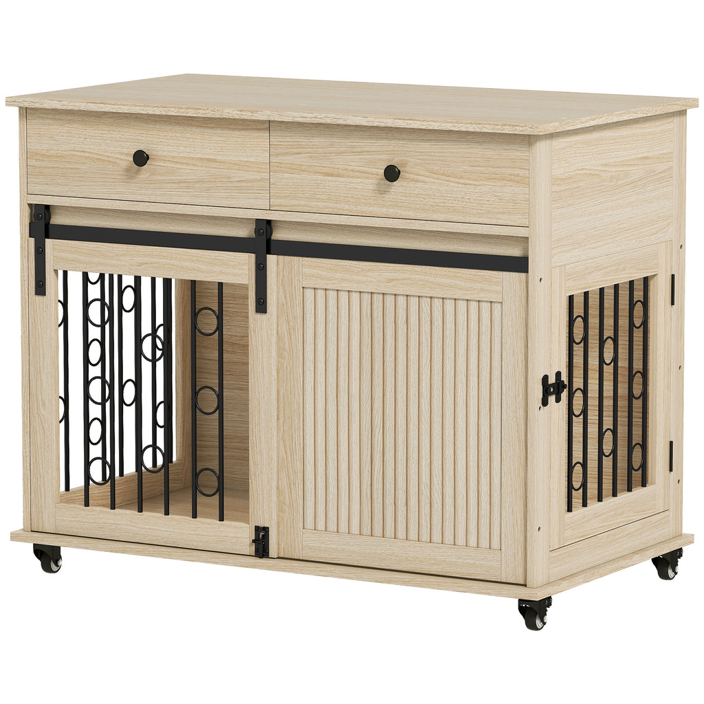 Hundbur i Möbelstil med Lådor & Hjul – Skjutdörr & Robust Design (Ek/Svart)