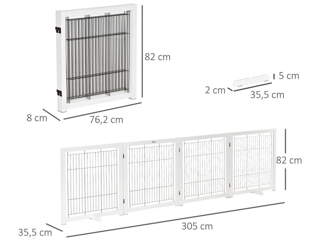 PawHut Fristående Säkerhetsgrind i Trä – 4 Paneler – Vit – 305 x 82 cm