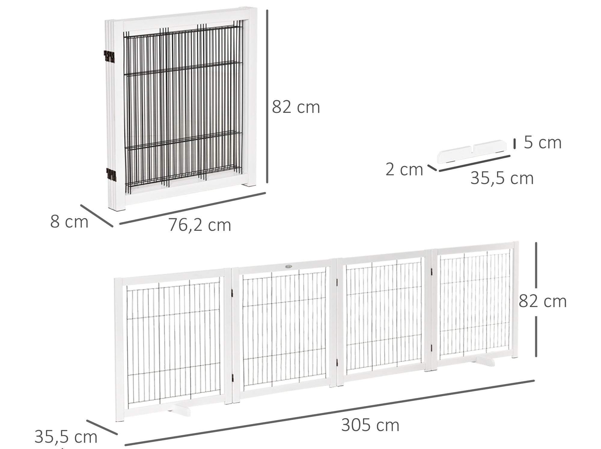 PawHut Fristående Säkerhetsgrind i Trä – 4 Paneler – Vit – 305 x 82 cm