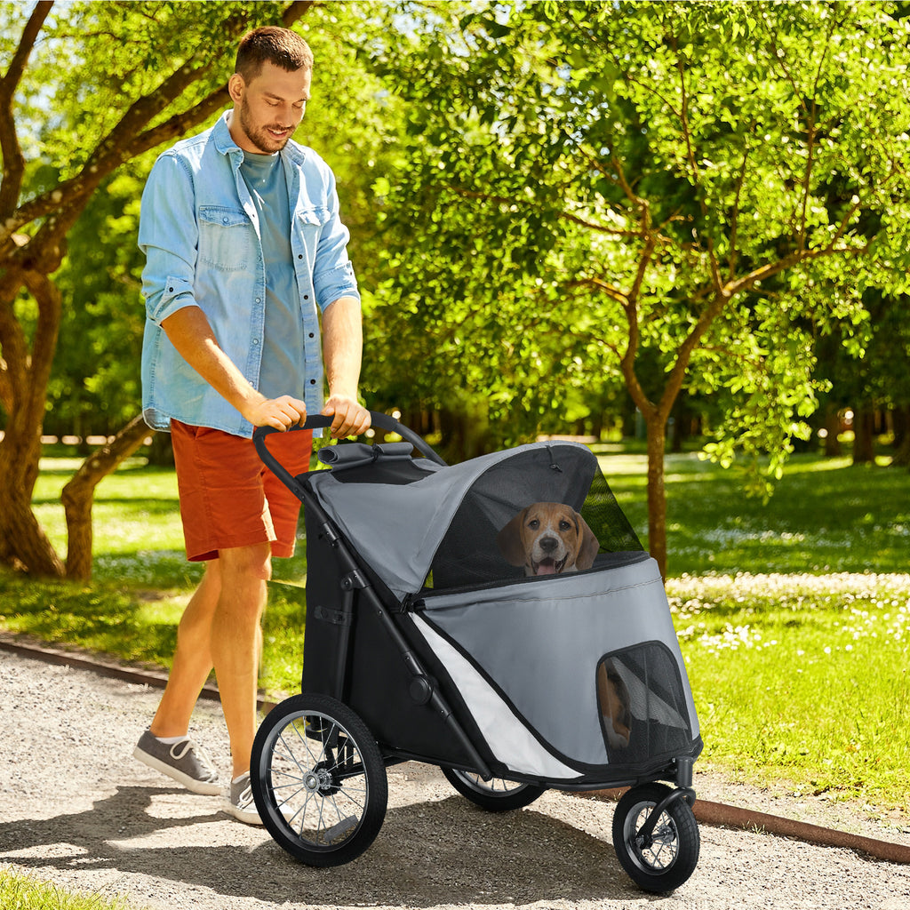 Rymlig Hundvagn och Buggy, Hopfällbar med Gummidäck, Grå/Svart, upp till 30 kg