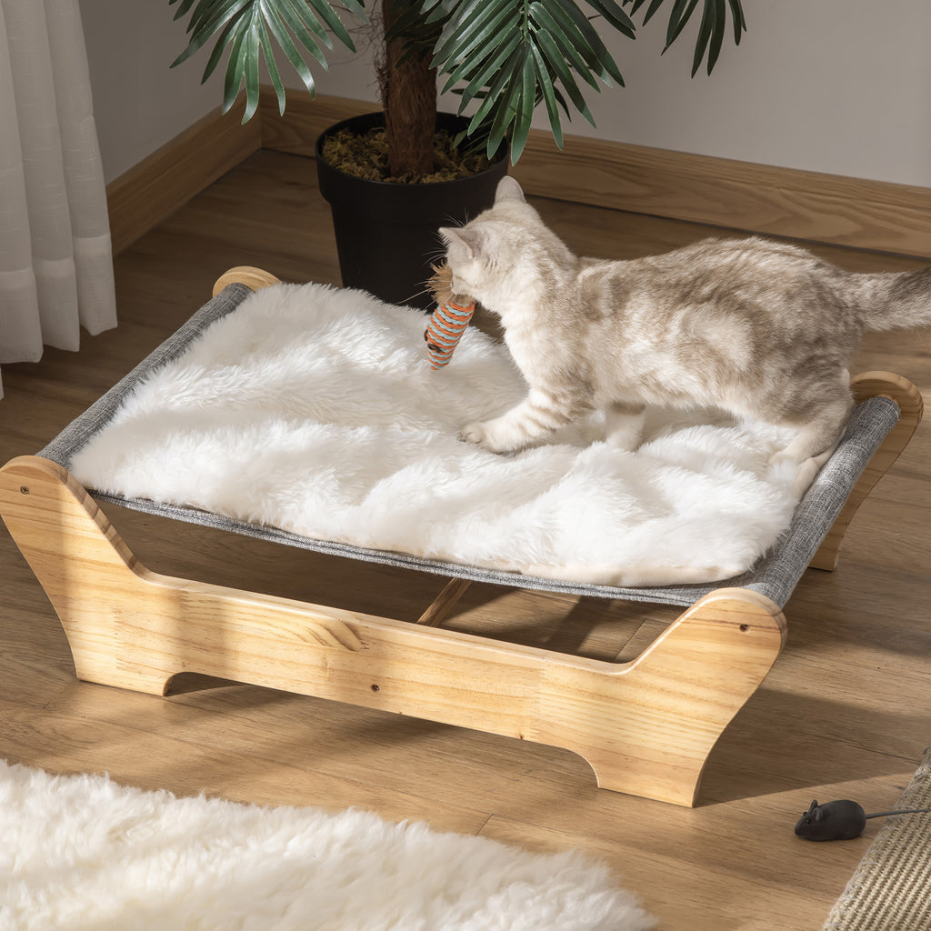 Kattbädd med ram i furu och mjuk dyna – Natur/Ljusgrå, 68 cm