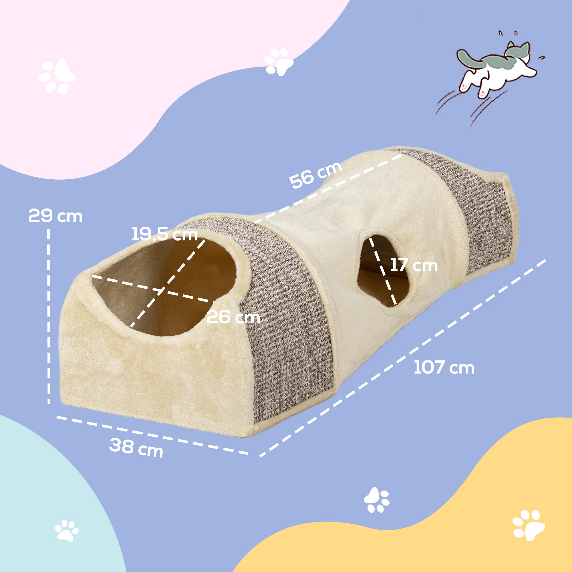 Katttunnel med 3 öppningar och två krypin – Beige/Grå, 107 cm