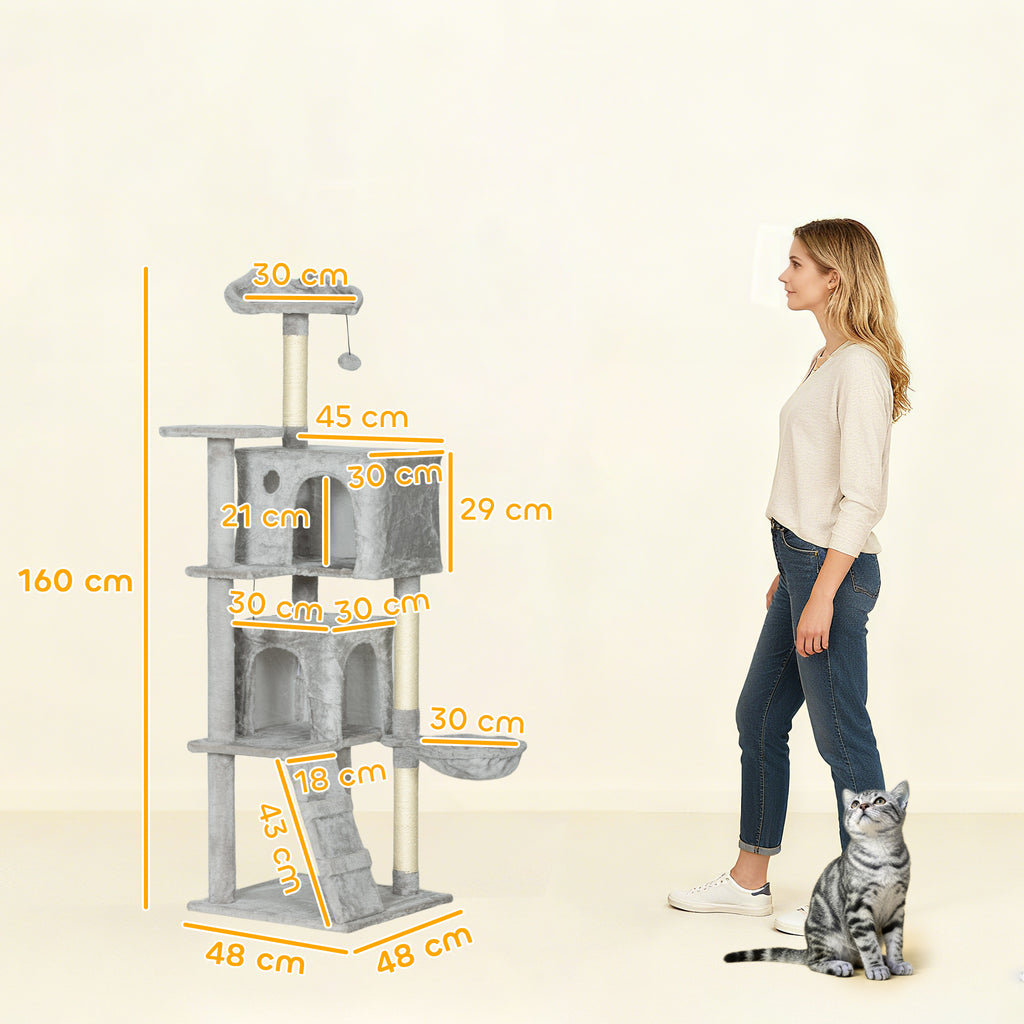 PawHut Klösträd med hängmatta och dubbla kojor, 160 cm högt – Ljusgrå/Cremevit