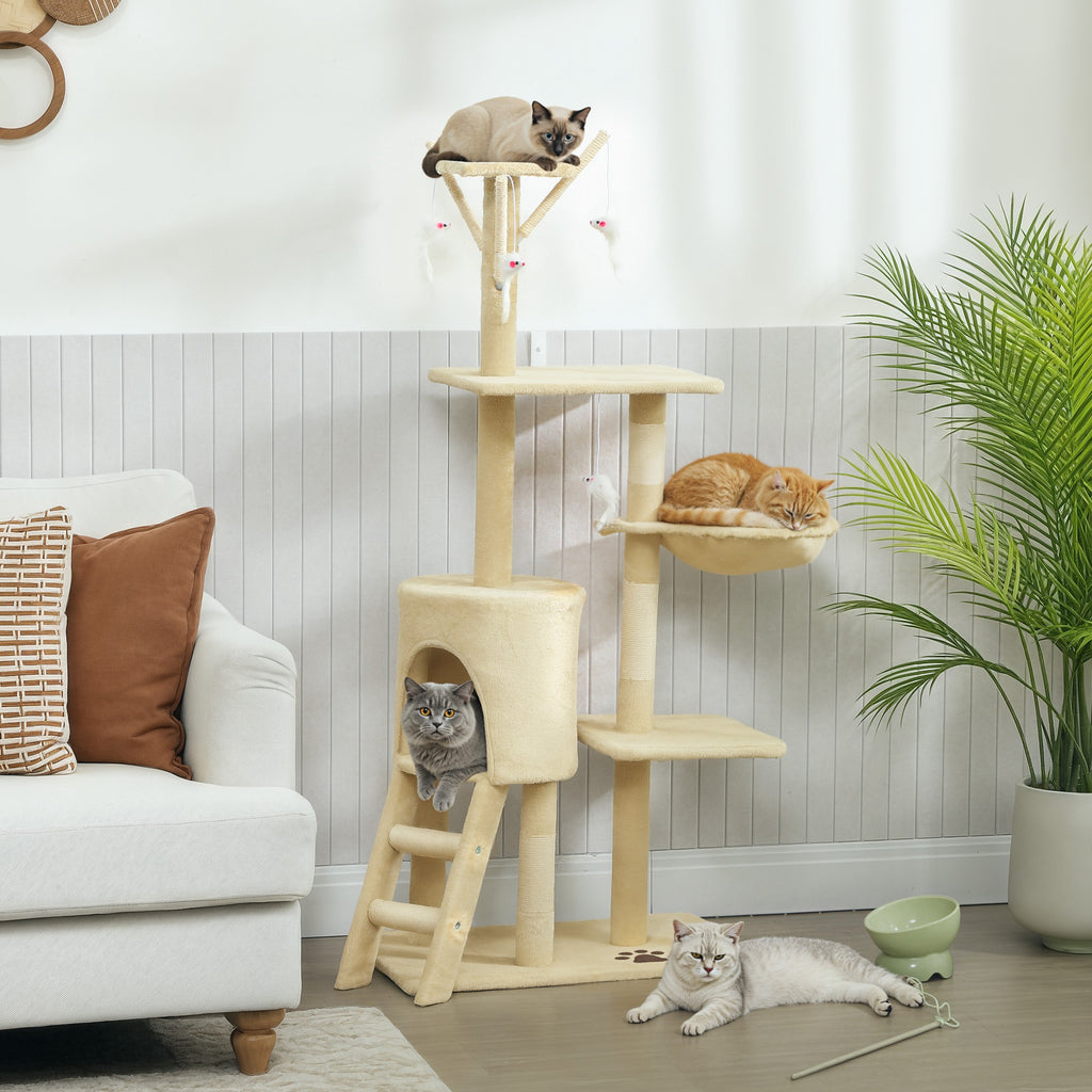 Klösträd med koja, 4 leksaker och sisalstammar, 134 cm högt – Beige
