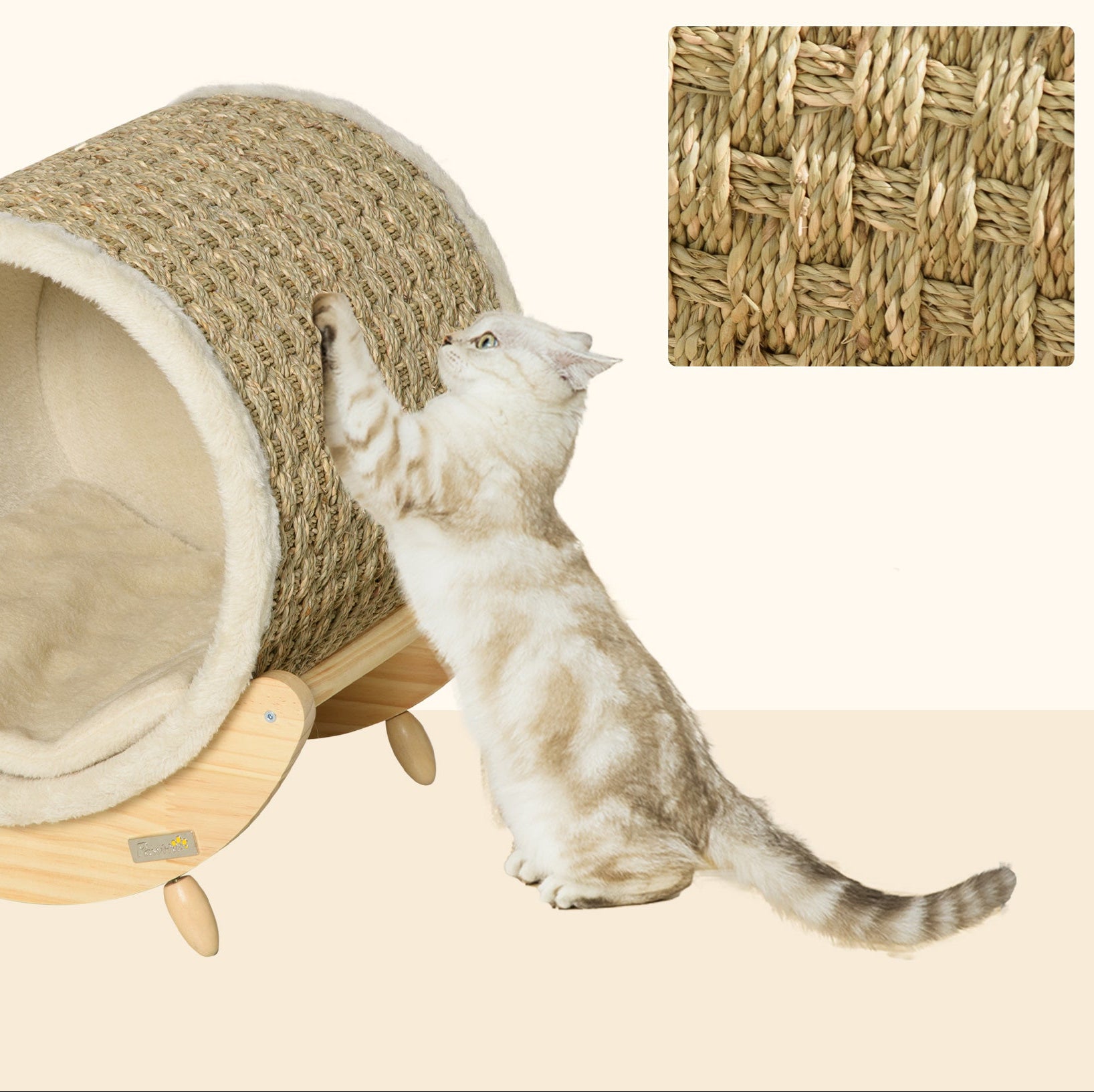 Kattgrotta med klösyta och dyna – Natur/Beige, 43 cm