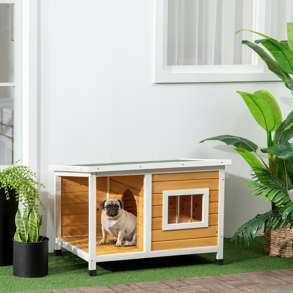Klassisk Hundkoja med Veranda och Öppningsbart Tak – Orange/Vit, 85,5x62x60 cm
