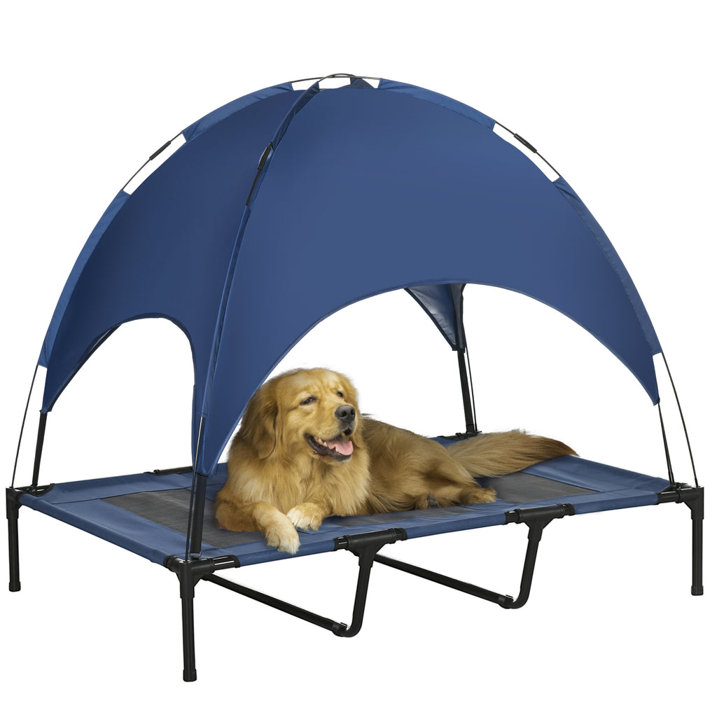 Extra Stor Upphöjd Hundsäng med Solskydd – XL Utomhusbädd, Blå/Svart, 122x92x108 cm