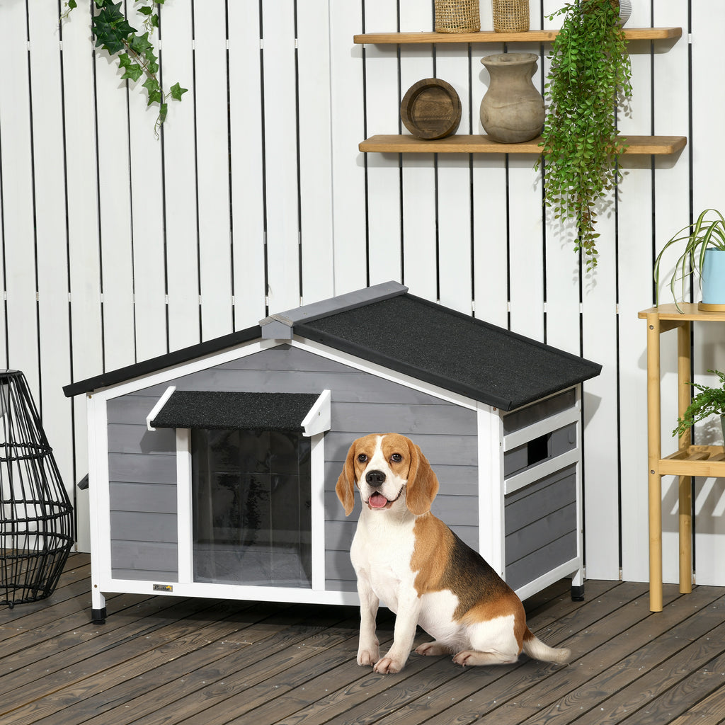Väderbeständig Hundkoja i Trä med Öppningsbart Tak och Avtagbart Golv – Grå/Vit