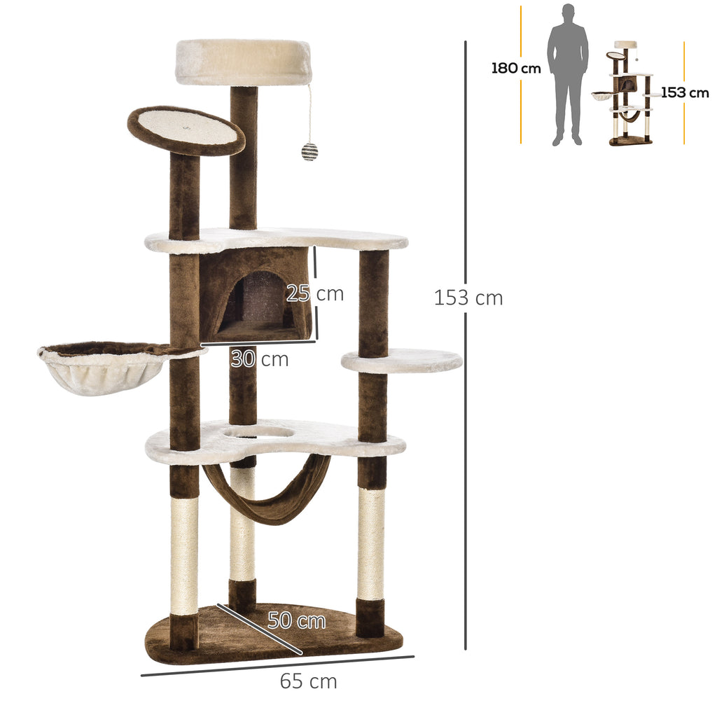 XXL Klösträd 153 cm med hängmattor och kattgrotta – Crème/Brun