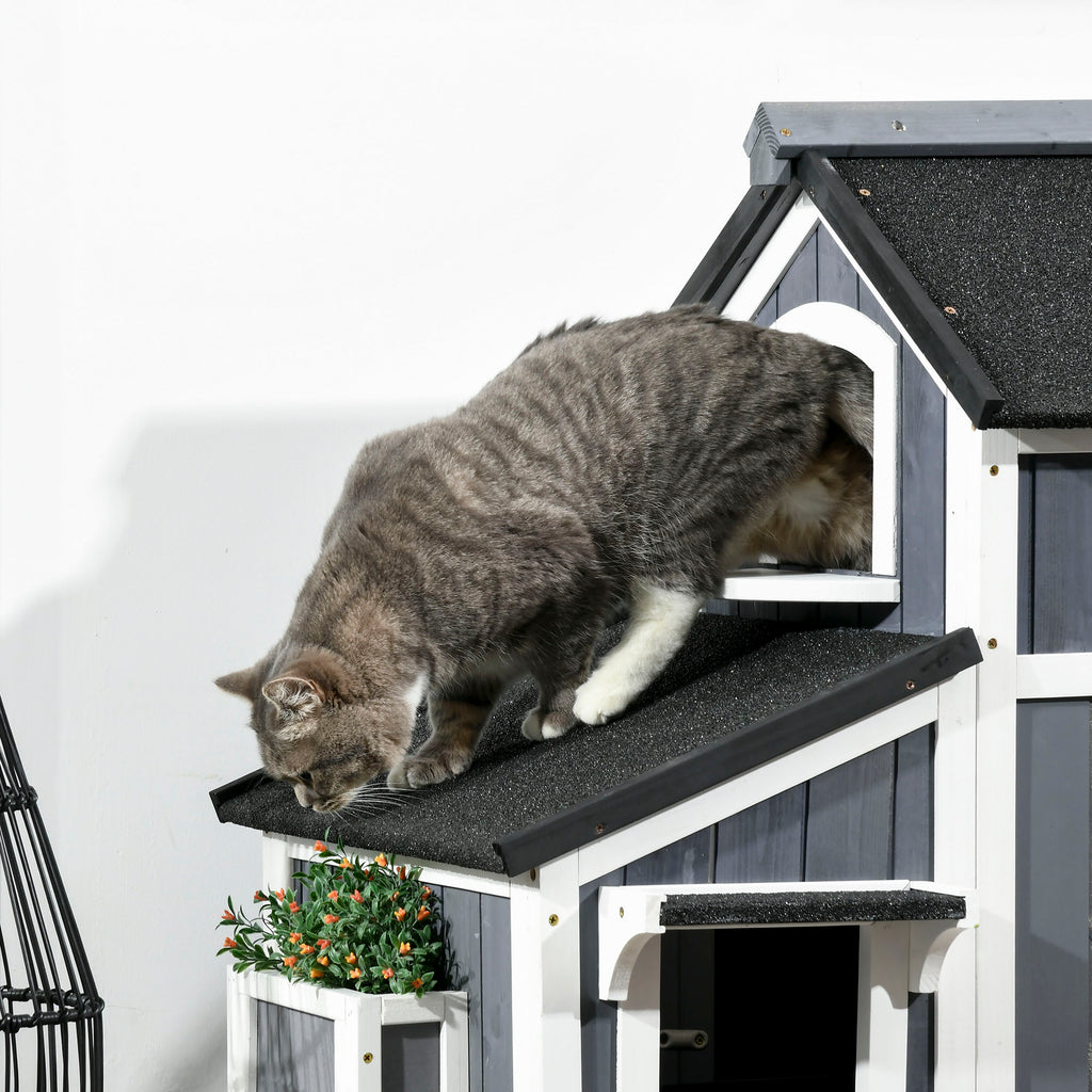 Tvåvånings utomhushus för katt med blomlåda – Grå, 96 cm
