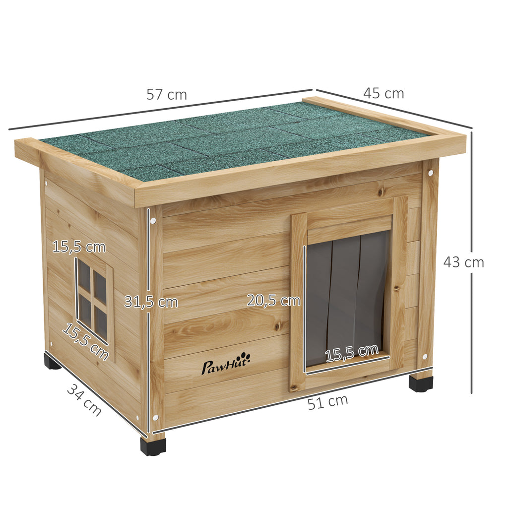Väderbeständigt katthus i trä med utsiktsfönster – Natur/Gul/Grön, 57 cm