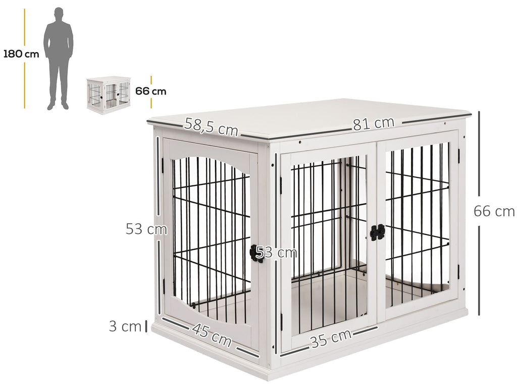 Dekorativ Hundbur i Möbelstil med Dubbla Dörrar – Vit – 81 cm
