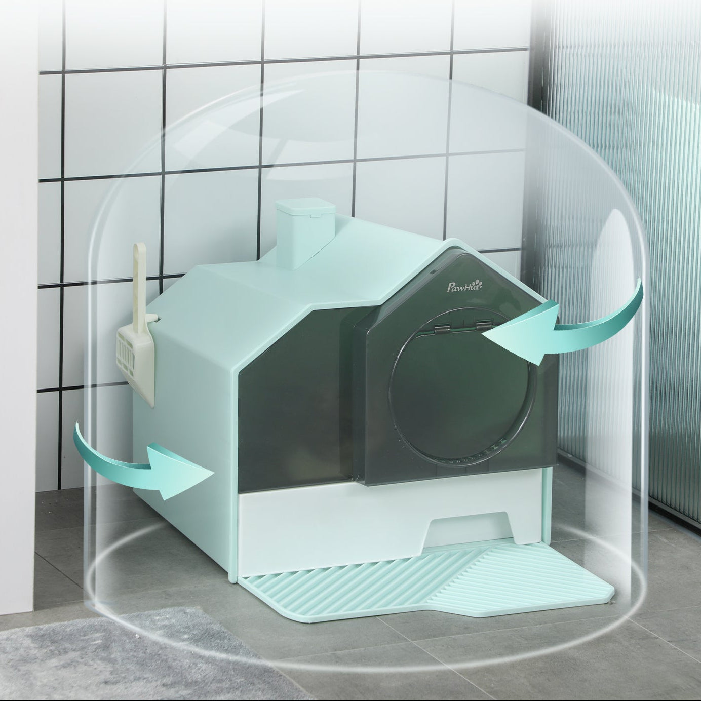 Kattlåda i stugdesign med doftfilter och strömatta – Grön/Vit