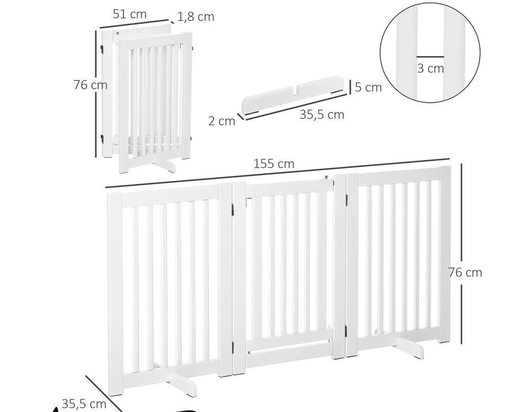 PawHut Fristående Säkerhetsgrind med Dörr – 3 Paneler – Vit – 155 cm