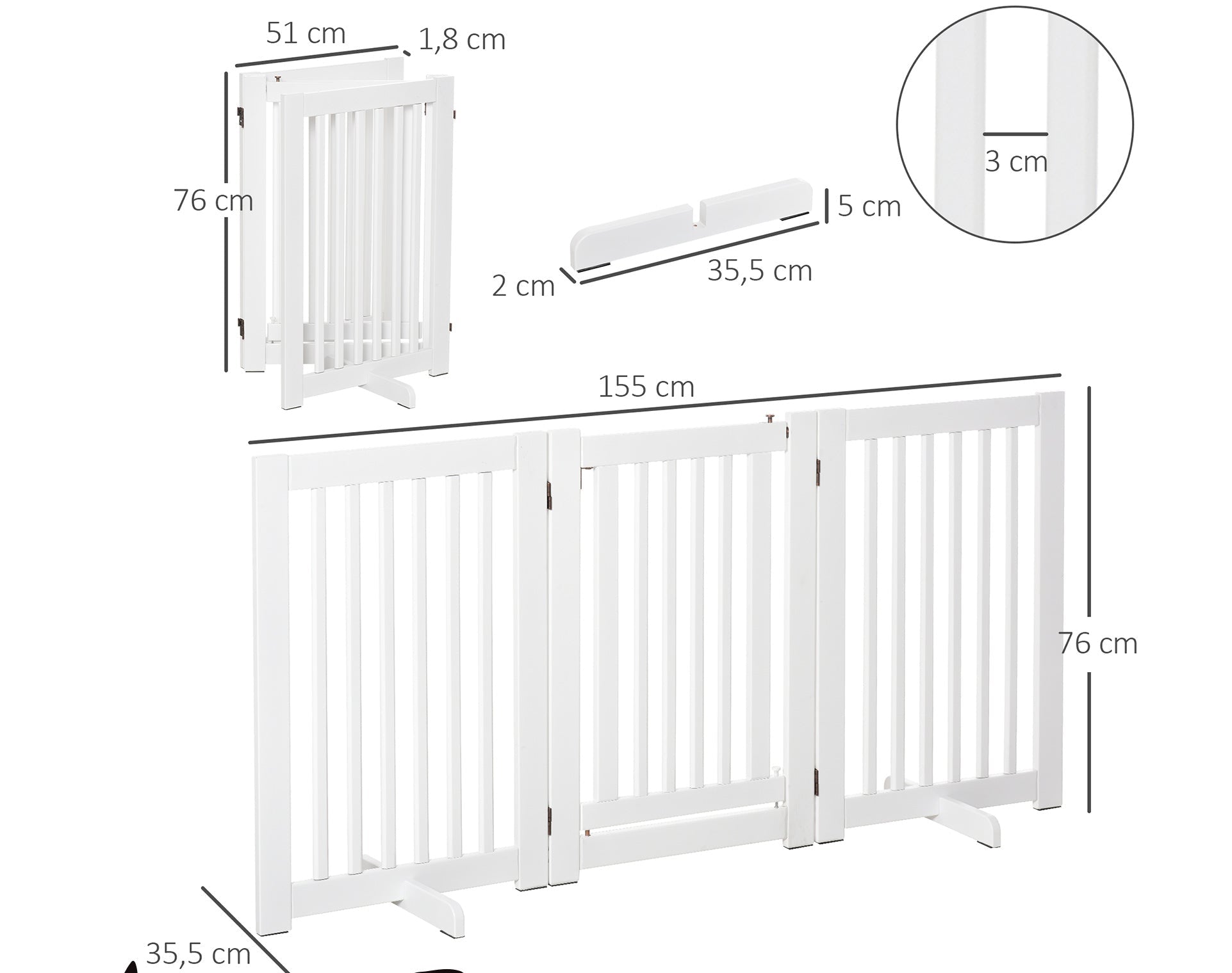 PawHut Fristående Säkerhetsgrind med Dörr – 3 Paneler – Vit – 155 cm