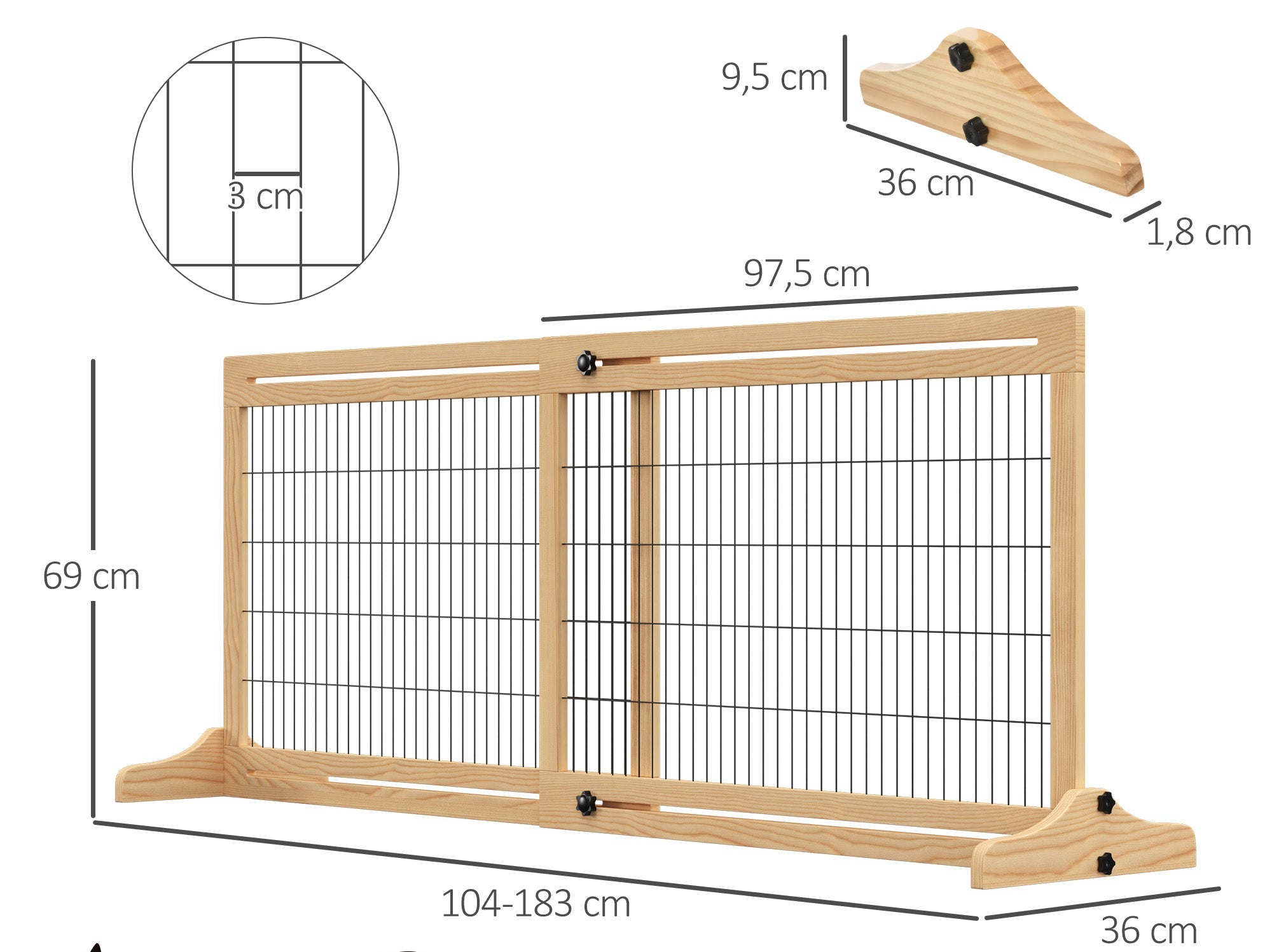 PawHut Justerbar Hundgrind i Trä – Utdragbar – Natur/Svart – 104–183 cm