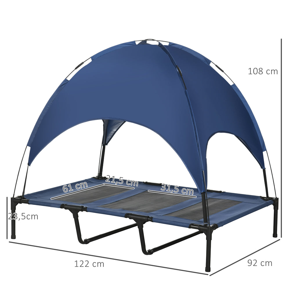 Extra Stor Upphöjd Hundsäng med Solskydd – XL Utomhusbädd, Blå/Svart, 122x92x108 cm