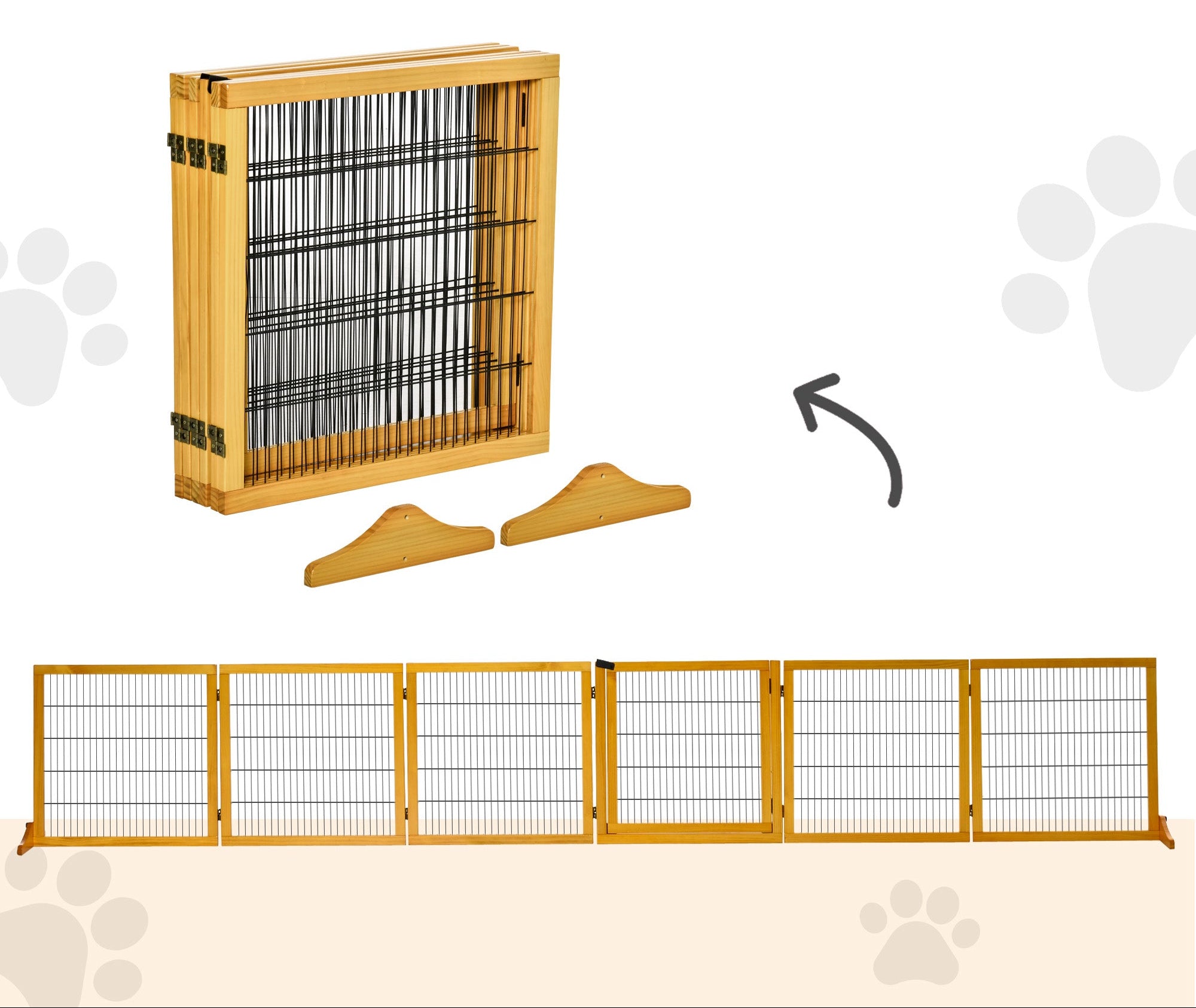 PawHut Justerbart Hundstaket i Massiv Furu – 6 Paneler – Gul – 432 cm
