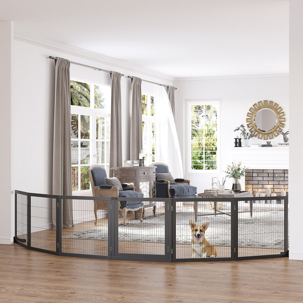 PawHut Extra Långt Hundstaket i Massiv Furu – 6 Paneler – Svart – 432 cm