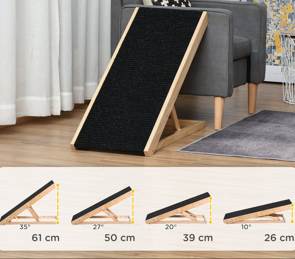 PawHut Justerbar Hundramp i Furu med Halkfri Matta – Natur/Svart – 90 cm