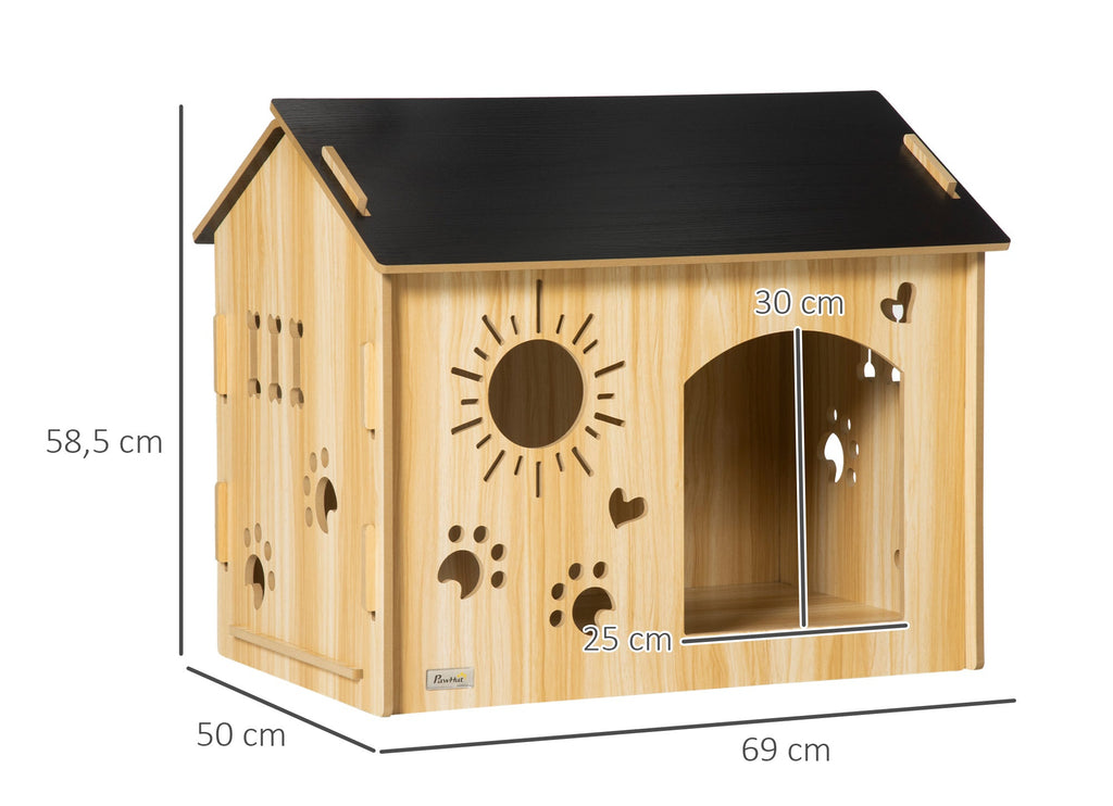 PawHut Hundkoja inomhus med dekorativa ventilationshål – Ek/Svart – 69 x 50 x 58,5 cm