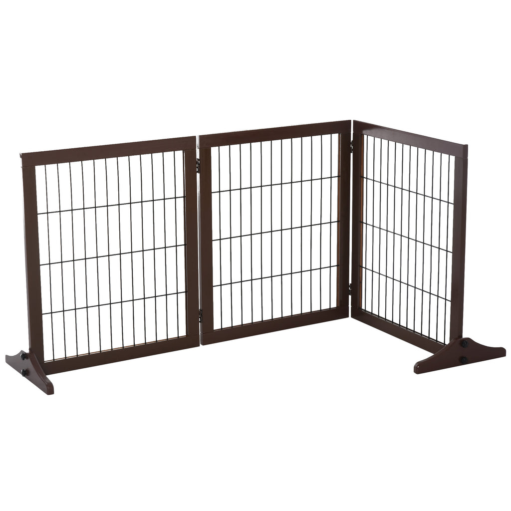 PawHut Fristående Säkerhetsgrind i Massivt Trä – 3 Paneler – Brun – 185 cm