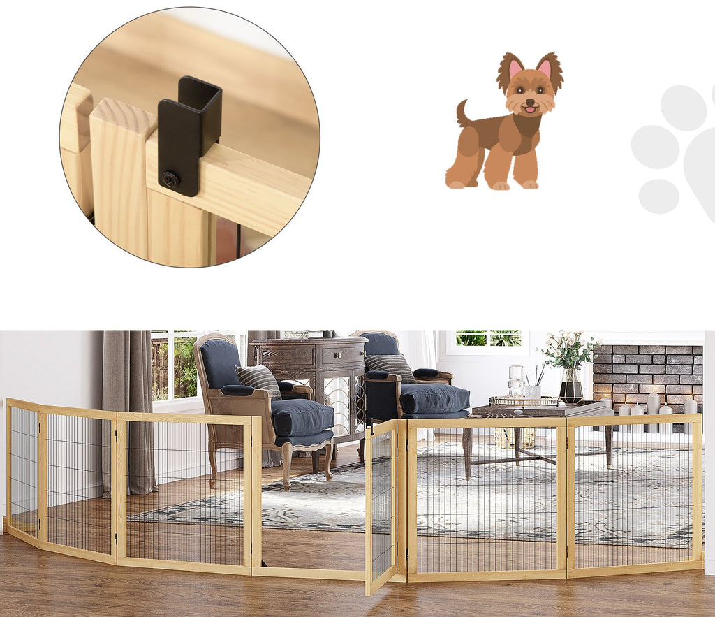 PawHut Justerbart Hundstaket i Massiv Furu – 6 Paneler – Natur – 432 cm