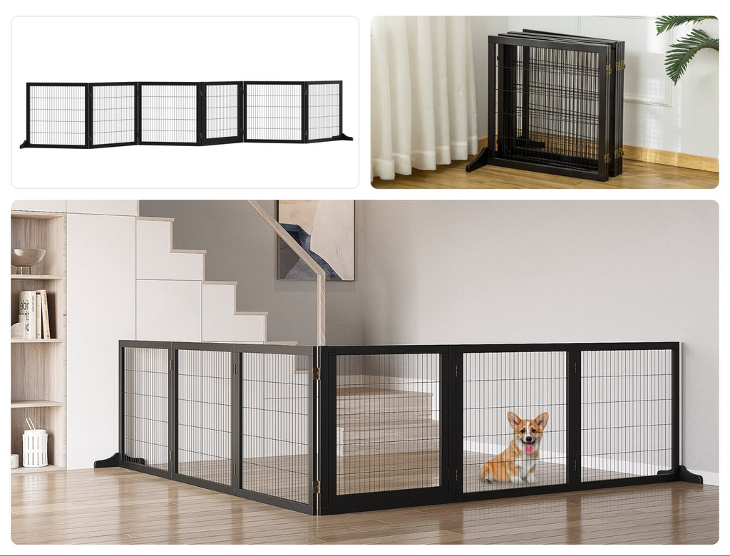 PawHut Extra Långt Hundstaket i Massiv Furu – 6 Paneler – Svart – 432 cm