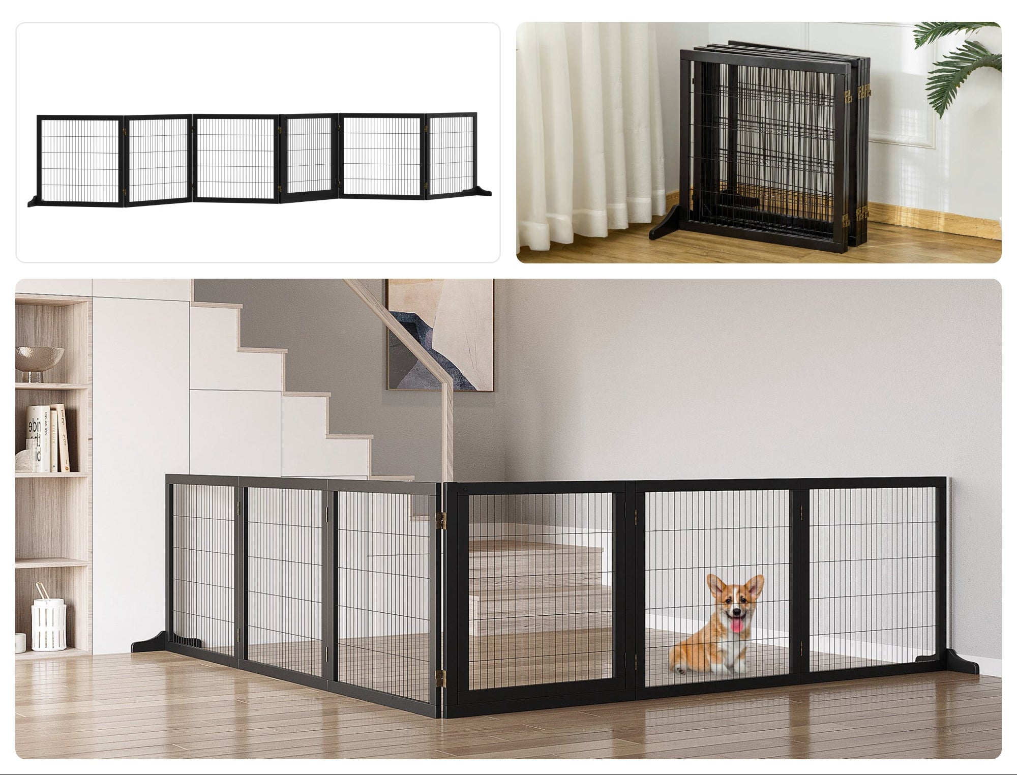 PawHut Extra Långt Hundstaket i Massiv Furu – 6 Paneler – Svart – 432 cm