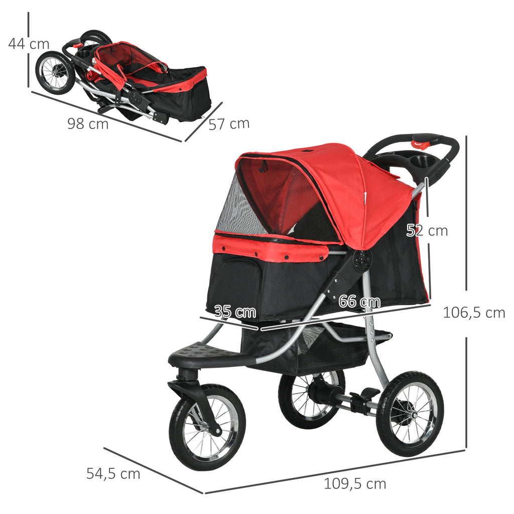PawHut 3-hjulig Hundvagn för Löpning & Promenad – Röd/Svart – Upp till 10 kg