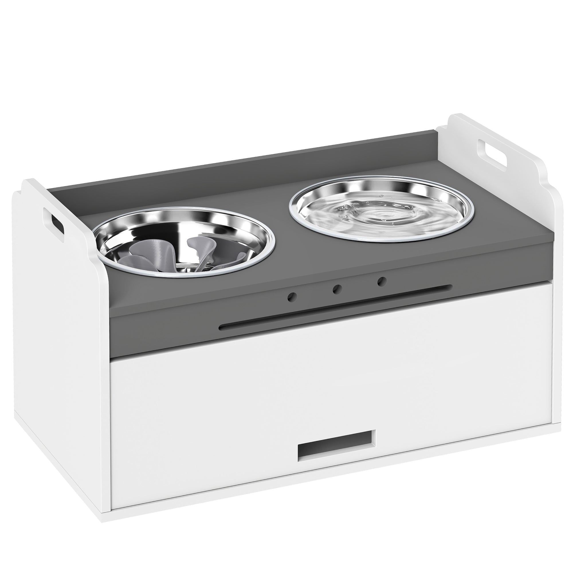 Upphöjd Matbar för Hund med Förvaringsskåp – Inkl. Slow Feeder (Vit)