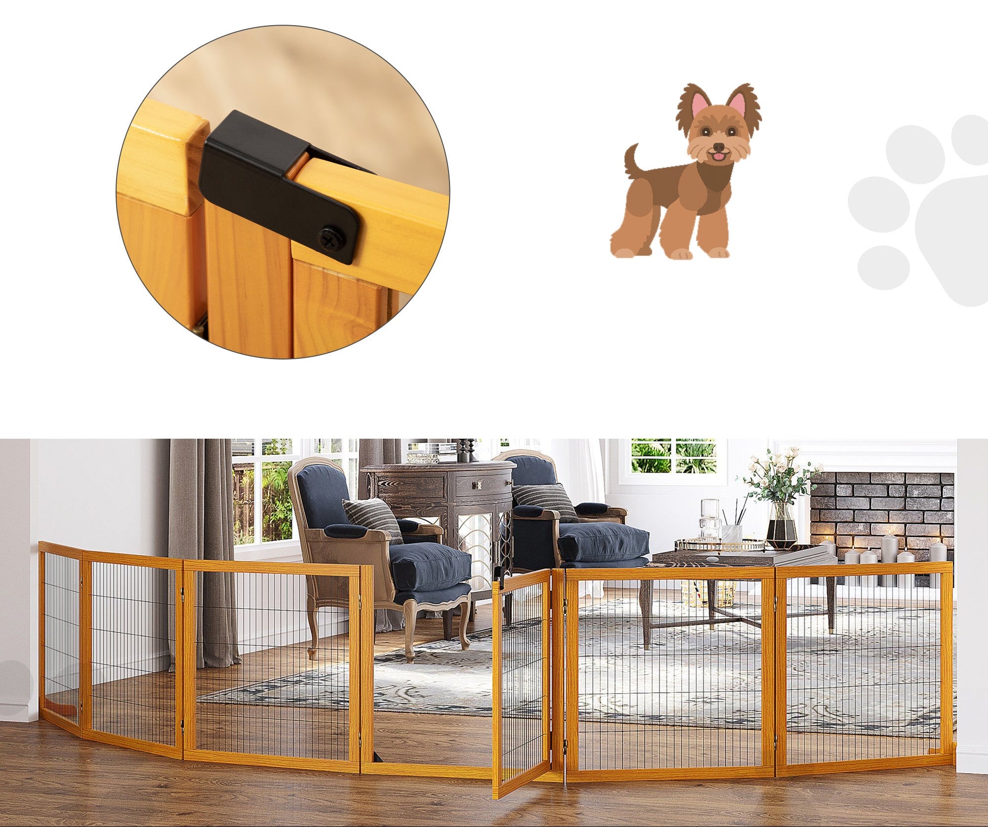 PawHut Justerbart Hundstaket i Massiv Furu – 6 Paneler – Gul – 432 cm